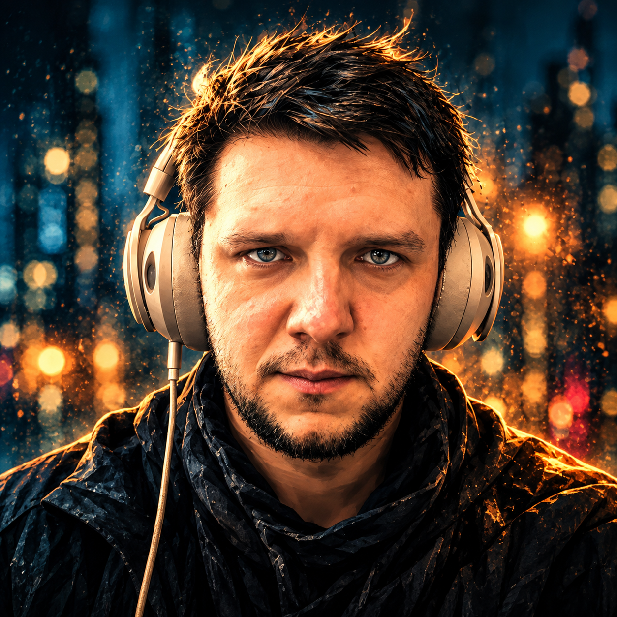 HARTVINSKY's illustrated artist portrait, wearing headphones in blue and amber light